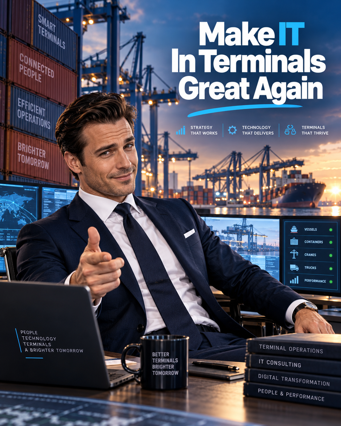A confident man in a suit in front of a container terminal, with the slogan Make IT In Terminals Great Again.